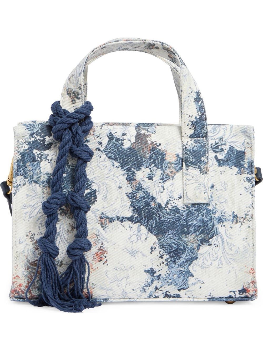Vince Camuto White and Blue Marble Tote with Rope Tassel